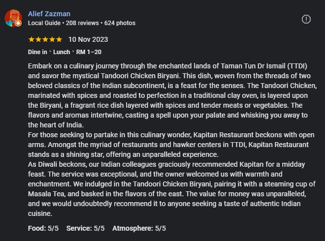 Google review by Alief Zazman for Kapitan Tandoori House