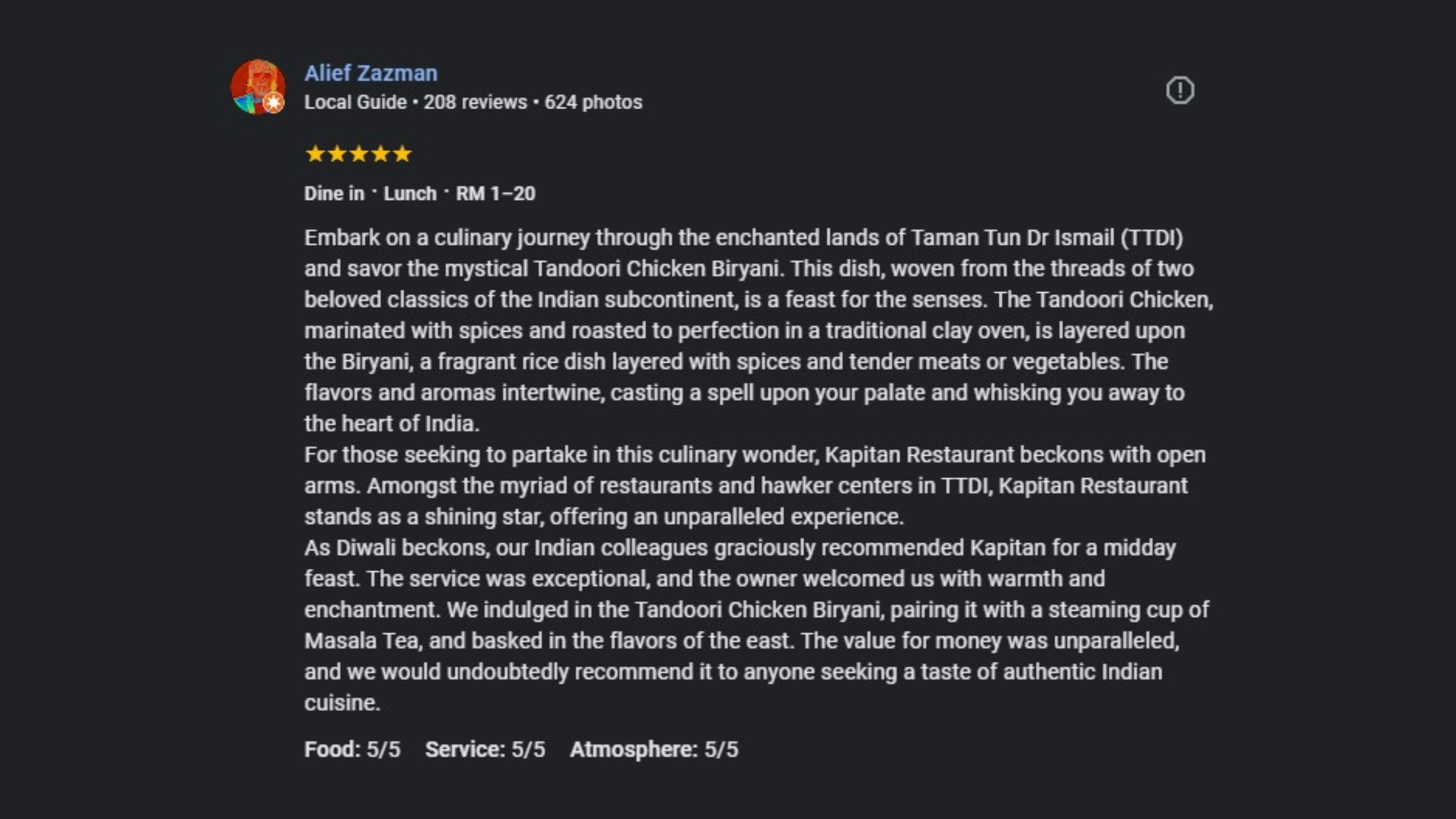 Google review by Alief Zazman for Kapitan Restaurant