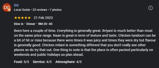 Google review by DG for Kapitan Tandoori House