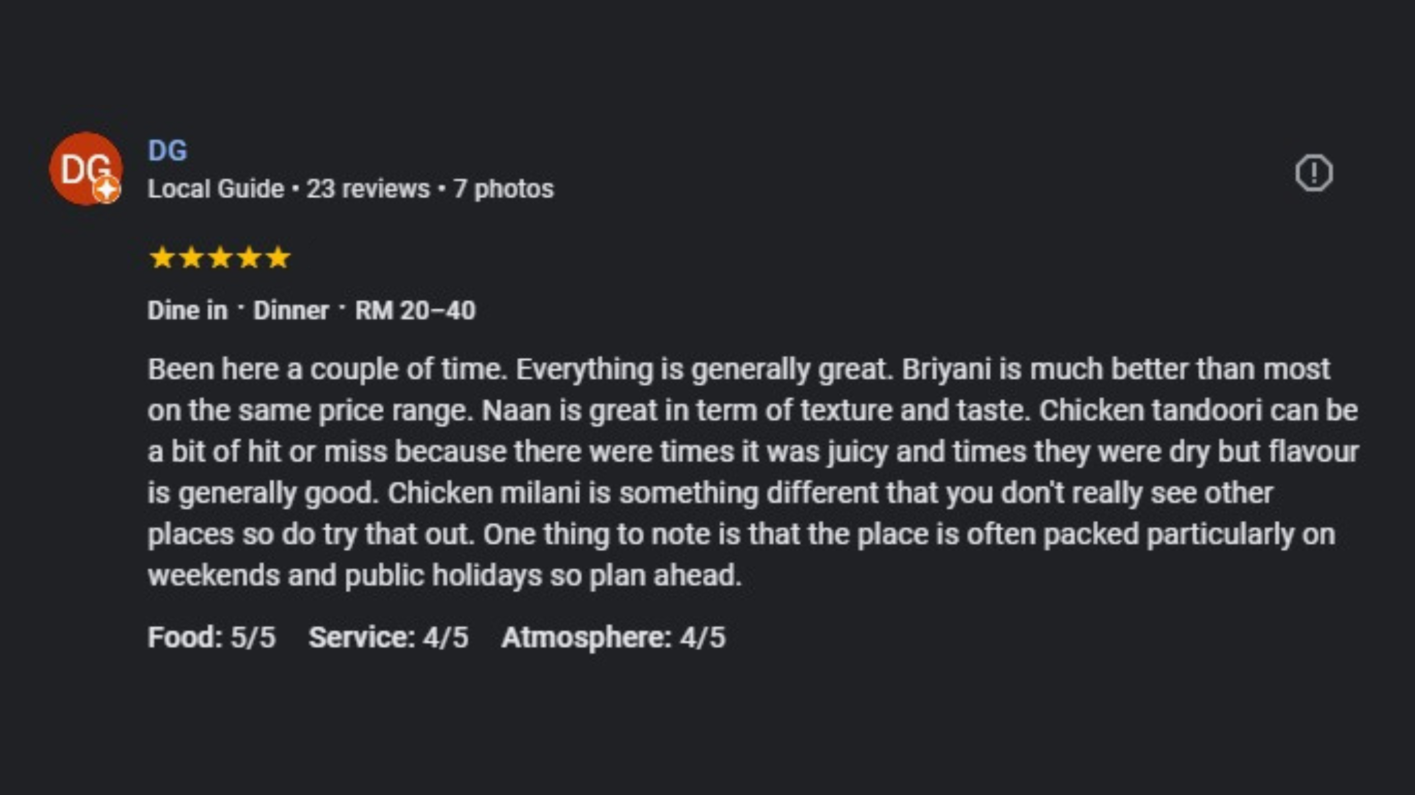 Google review by DG for Kapitan Tandoori House