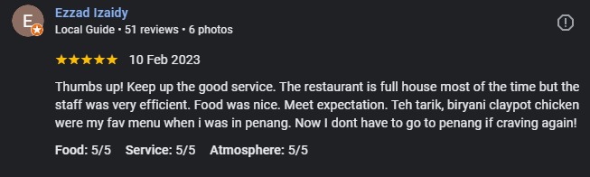 Google review by Ezzad Izaidy for Kapitan Tandoori House