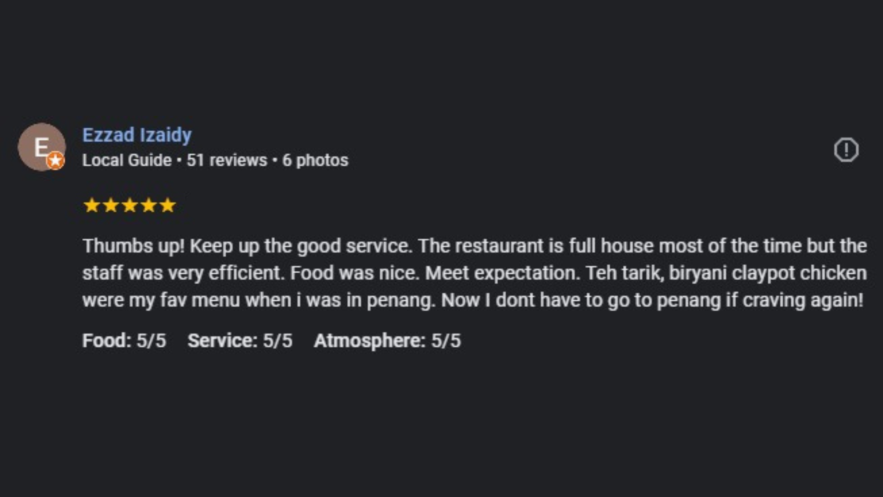 Google review by Ezzad Izaidy for Kapitan Tandoori House