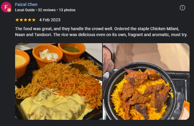 Google review by Faizal Chen for Kapitan Tandoori House