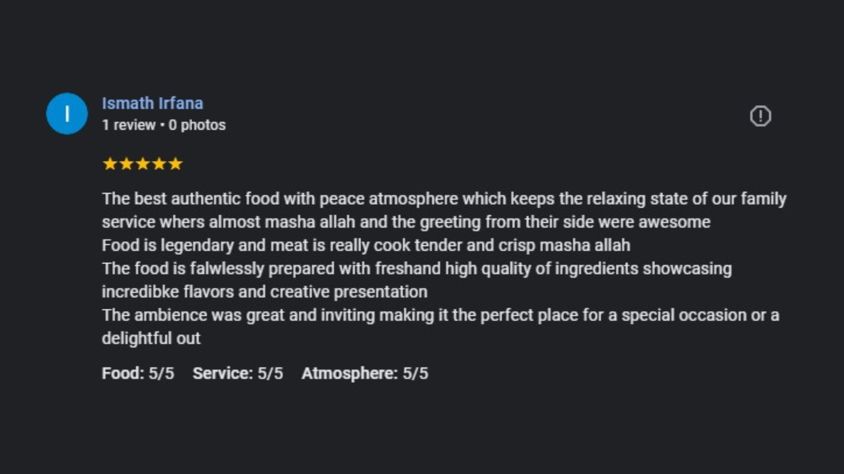 Google review by Ismath Irfana for Kapitan Tandoori House